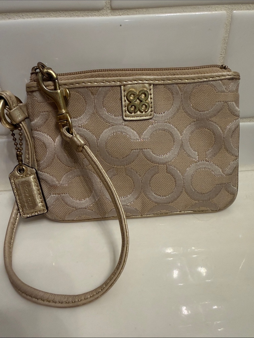 Coach Champagne Signature Wristlet with Gold Hardware